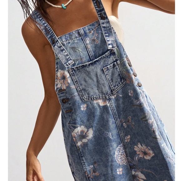 Western Floral Print Light Wash Pockets Wide Leg Denim Jean Bib Overalls - Picture 2 of 8